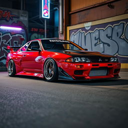 A sleek Nissan car in an intriguing JDM style, featuring customized low-profile wheels, showcasing a sporty and aggressive stance