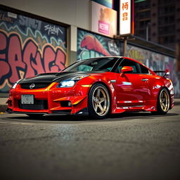 A sleek Nissan car in an intriguing JDM style, featuring customized low-profile wheels, showcasing a sporty and aggressive stance