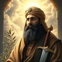 A majestic portrait of Imam Ali, the revered figure in Islamic history, depicted with a profound expression of wisdom and strength