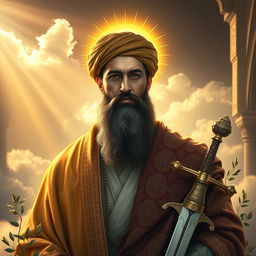 A majestic portrait of Imam Ali, the revered figure in Islamic history, depicted with a profound expression of wisdom and strength