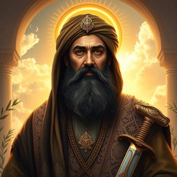A majestic portrait of Imam Ali, the revered figure in Islamic history, depicted with a profound expression of wisdom and strength
