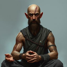A fantasy character design for a Dungeons & Dragons monk, approximately 45 years old and standing 1