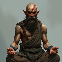 A fantasy character design for a Dungeons & Dragons monk, approximately 45 years old and standing 1