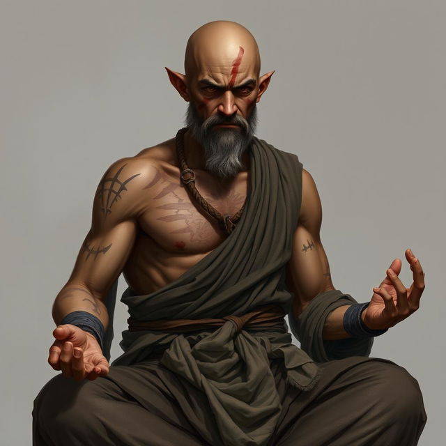 A fantasy character design for a Dungeons & Dragons monk, approximately 45 years old and standing 1