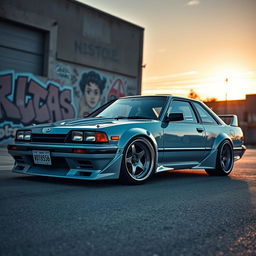 A vintage 1992 Nissan car in an intriguing JDM style, featuring bold oversized wheels (roda taluda) and an impressive lowered stance that gives it a sporty and aggressive appearance