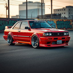 A vintage 1992 Nissan car in an intriguing JDM style, featuring bold oversized wheels (roda taluda) and an impressive lowered stance that gives it a sporty and aggressive appearance