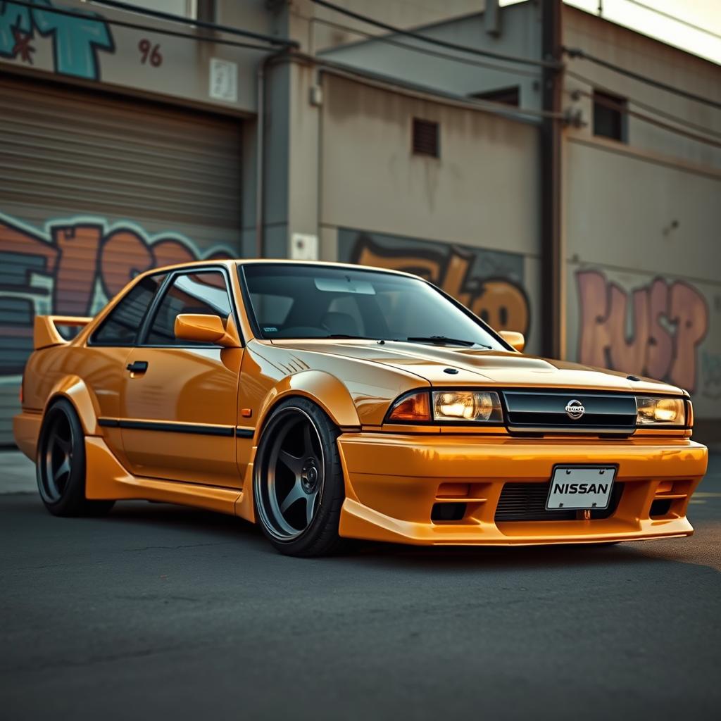 A vintage 1992 Nissan car in an intriguing JDM style, featuring bold oversized wheels (roda taluda) and an impressive lowered stance that gives it a sporty and aggressive appearance