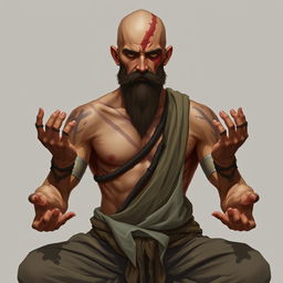 A fantasy character design for a Dungeons & Dragons monk, around 45 years old and 1