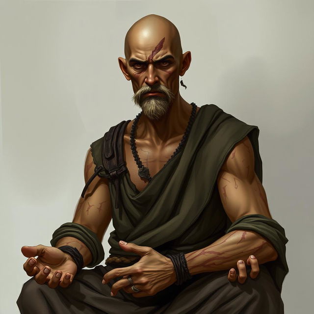 A fantasy character design for a Dungeons & Dragons monk, around 45 years old and 1