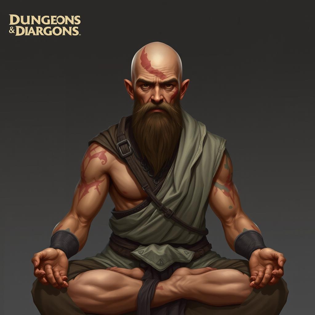 A fantasy character design for a Dungeons & Dragons monk, around 45 years old and 1