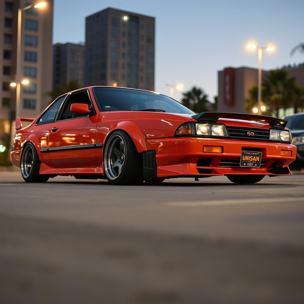 A classic 1992 Nissan car featuring an intriguing JDM style, prominently displaying bold, oversized wheels (roda taluda) and a significant lowered stance for an aggressive and sporty look