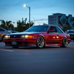 A classic 1992 Nissan car featuring an intriguing JDM style, prominently displaying bold, oversized wheels (roda taluda) and a significant lowered stance for an aggressive and sporty look