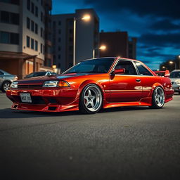 A classic 1992 Nissan car featuring an intriguing JDM style, prominently displaying bold, oversized wheels (roda taluda) and a significant lowered stance for an aggressive and sporty look