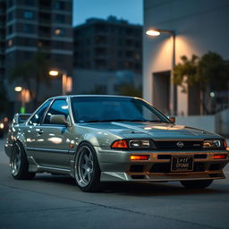 A classic 1992 Nissan car featuring an intriguing JDM style, prominently displaying bold, oversized wheels (roda taluda) and a significant lowered stance for an aggressive and sporty look