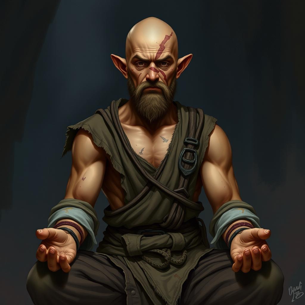 A fantasy character design for a Dungeons & Dragons monk, approximately 45 years old and standing at an increased height of 1