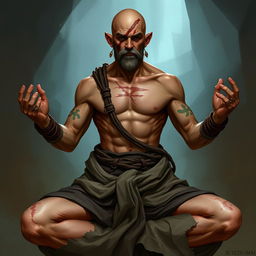 A fantasy character design for a Dungeons & Dragons monk, approximately 45 years old and standing at an increased height of 1