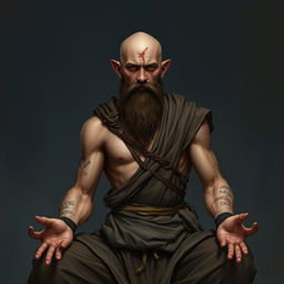 A fantasy character design for a Dungeons & Dragons monk, approximately 45 years old and standing at an increased height of 1