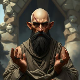 A fantasy character design for a Dungeons & Dragons monk, approximately 45 years old and standing at an increased height of 1