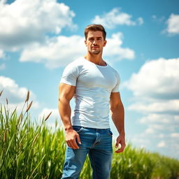 A strong man standing confidently in an open field, wearing a fitted white t-shirt and jeans, with a relaxed posture