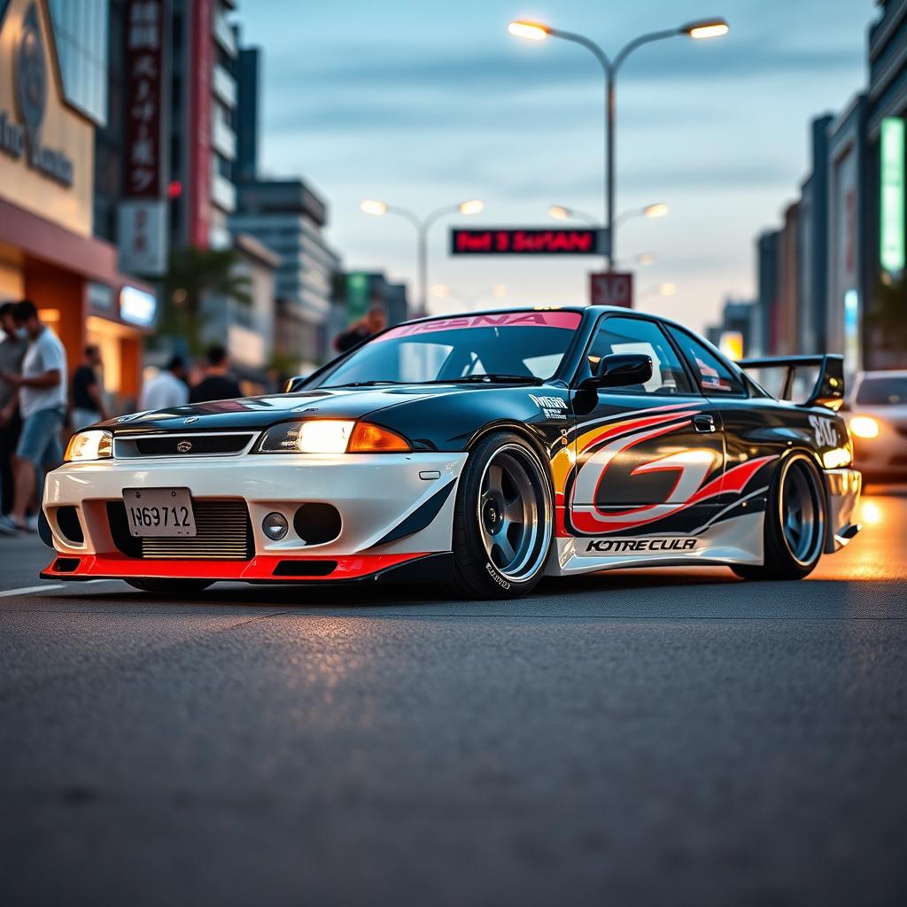 A dynamic 1999 Nissan car showcasing an exciting JDM style, featuring bold, oversized wheels (roda taluda) and a significantly lowered stance that emphasizes its sporty and aggressive characteristics