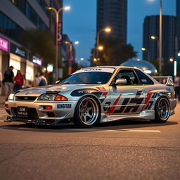 A dynamic 1999 Nissan car showcasing an exciting JDM style, featuring bold, oversized wheels (roda taluda) and a significantly lowered stance that emphasizes its sporty and aggressive characteristics