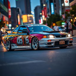 A dynamic 1999 Nissan car showcasing an exciting JDM style, featuring bold, oversized wheels (roda taluda) and a significantly lowered stance that emphasizes its sporty and aggressive characteristics