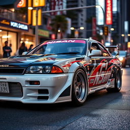 A dynamic 1999 Nissan car showcasing an exciting JDM style, featuring bold, oversized wheels (roda taluda) and a significantly lowered stance that emphasizes its sporty and aggressive characteristics