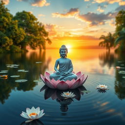A serene and picturesque scene of a Buddha statue peacefully seated on a lotus flower in the middle of a tranquil lake