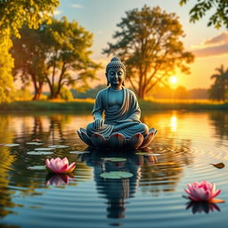 A serene and picturesque scene of a Buddha statue peacefully seated on a lotus flower in the middle of a tranquil lake