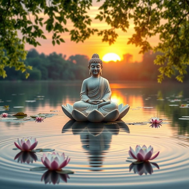 A serene and picturesque scene of a Buddha statue peacefully seated on a lotus flower in the middle of a tranquil lake