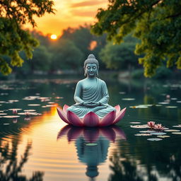 A serene and picturesque scene of a Buddha statue peacefully seated on a lotus flower in the middle of a tranquil lake