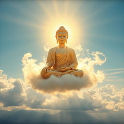 A majestic image of a serene Buddha floating peacefully among soft, fluffy clouds in a bright blue sky