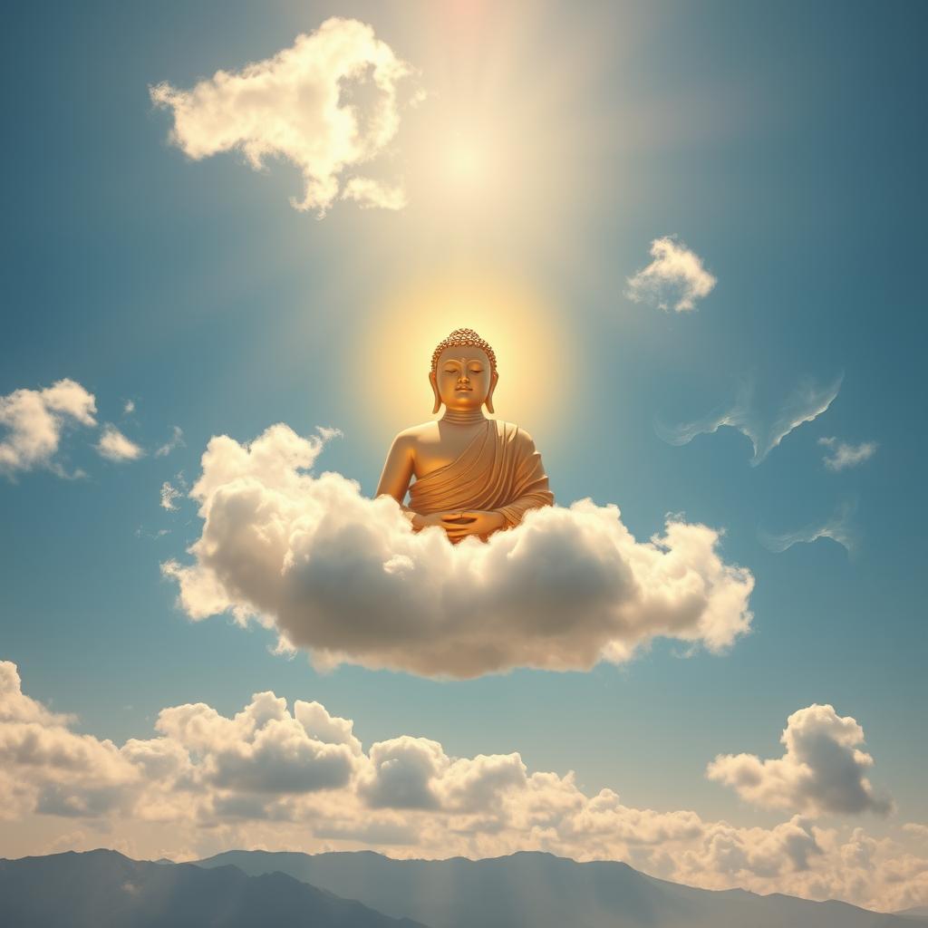 A majestic image of a serene Buddha floating peacefully among soft, fluffy clouds in a bright blue sky