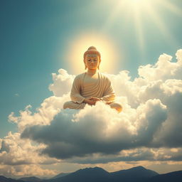 A majestic image of a serene Buddha floating peacefully among soft, fluffy clouds in a bright blue sky