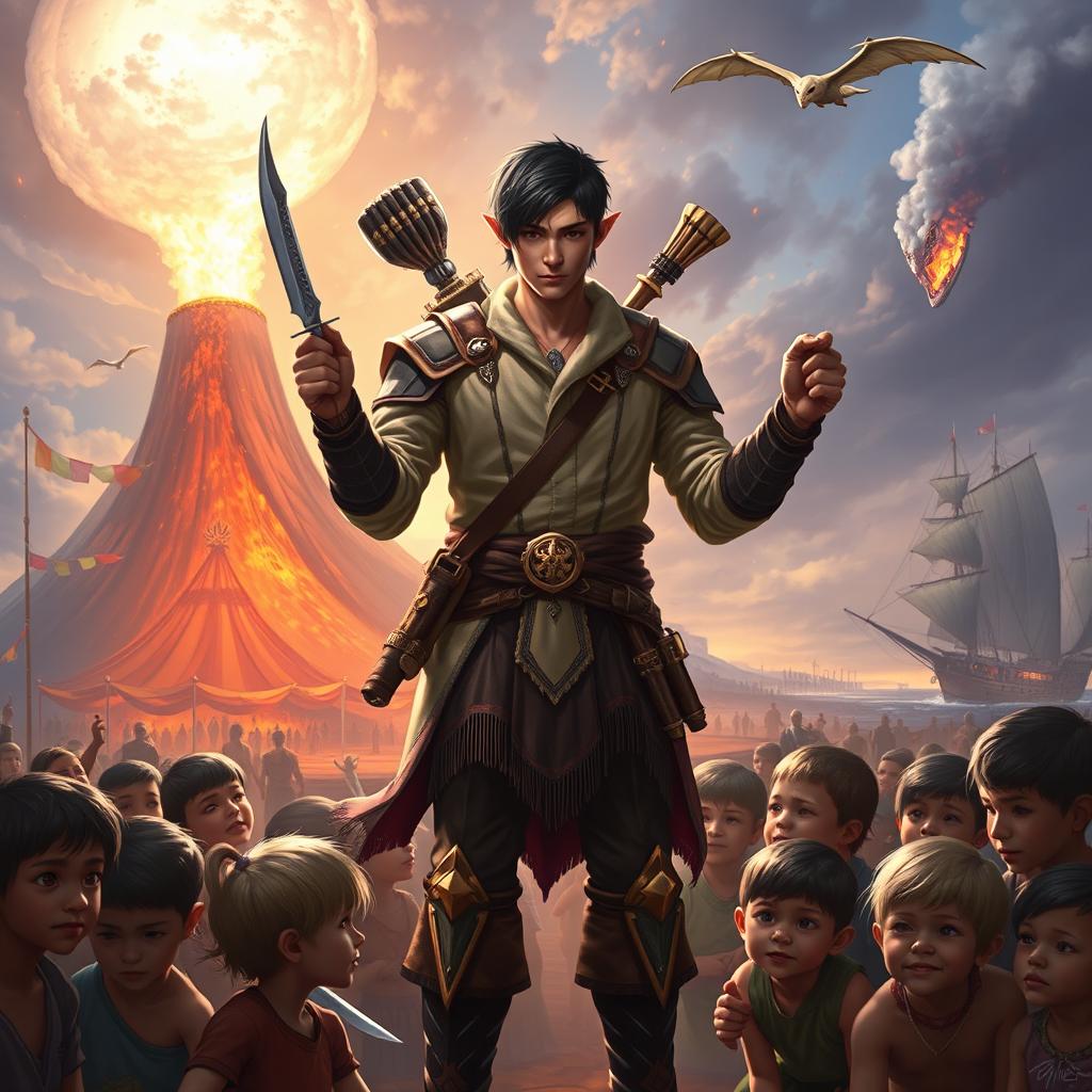 In a vibrant fantasy scene, a stunningly handsome half-elf, 25 years old with short black hair, stands heroically surrounded by a group of poor human children