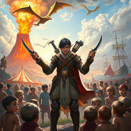 In a vibrant fantasy scene, a stunningly handsome half-elf, 25 years old with short black hair, stands heroically surrounded by a group of poor human children