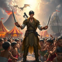 In a vibrant fantasy scene, a stunningly handsome half-elf, 25 years old with short black hair, stands heroically surrounded by a group of poor human children