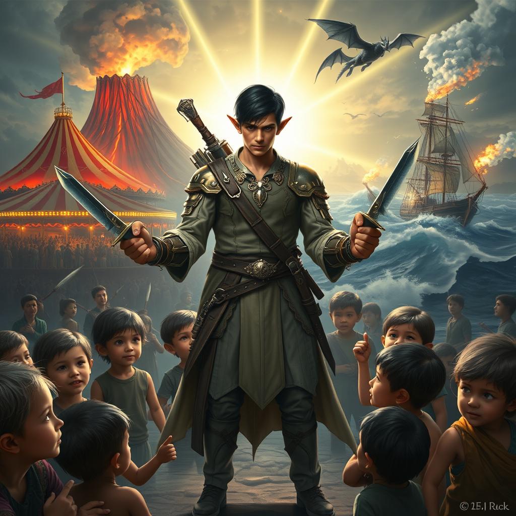 In a captivating fantasy scene, a strikingly handsome half-elf, 25 years old with short black hair, stands heroically surrounded by a group of poor human children, highlighted by a divine light that radiates around him