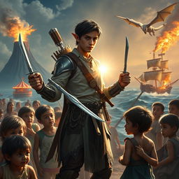 In a captivating fantasy scene, a strikingly handsome half-elf, 25 years old with short black hair, stands heroically surrounded by a group of poor human children, highlighted by a divine light that radiates around him