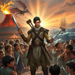 In a captivating fantasy scene, a strikingly handsome half-elf, 25 years old with short black hair, stands heroically surrounded by a group of poor human children, highlighted by a divine light that radiates around him