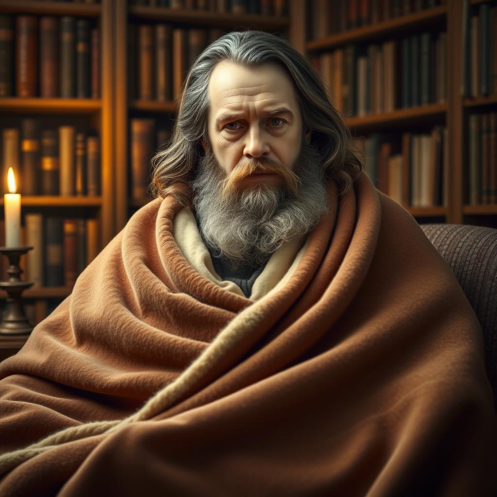 A distinctive portrait of Victor Hugo, the renowned French writer, depicted draped in a cozy blanket instead of traditional clothing
