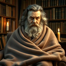 A distinctive portrait of Victor Hugo, the renowned French writer, depicted draped in a cozy blanket instead of traditional clothing