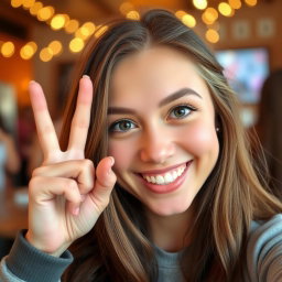 A close-up selfie of a smiling young woman with long, flowing hair, playfully holding her pinky finger up in a gesture