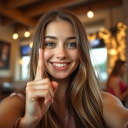 A close-up selfie of a smiling young woman with long, flowing hair, playfully holding her pinky finger up in a gesture