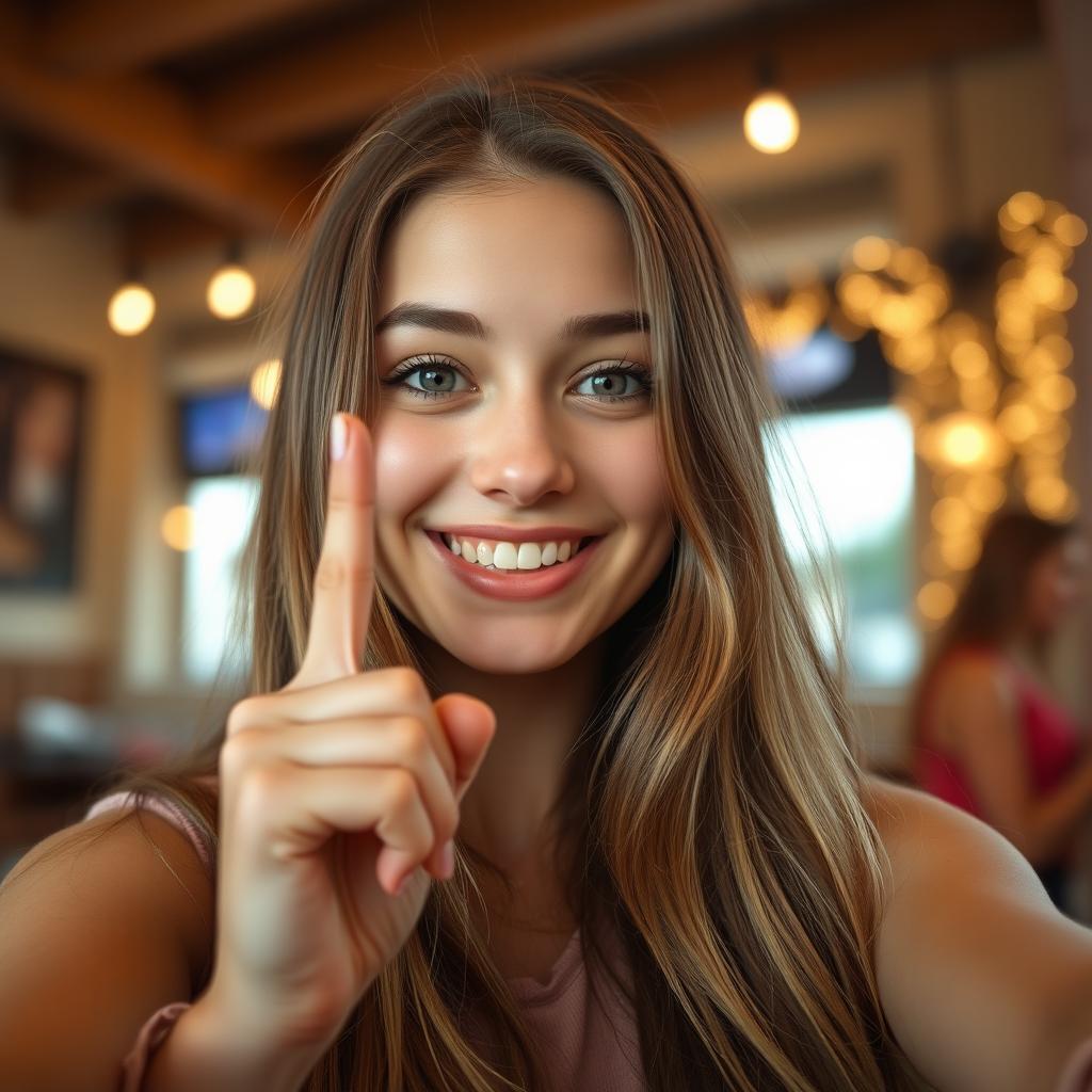 A close-up selfie of a smiling young woman with long, flowing hair, playfully holding her pinky finger up in a gesture