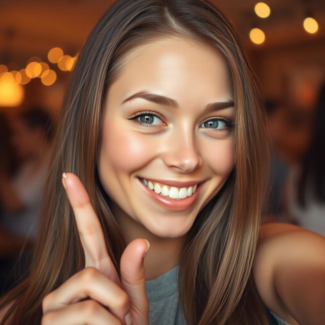 A close-up selfie of a smiling young woman with long, flowing hair, playfully holding her pinky finger up in a gesture