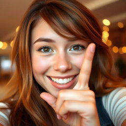 A close-up selfie of a smiling young woman with long, flowing hair, playfully holding her pinky finger up in a gesture