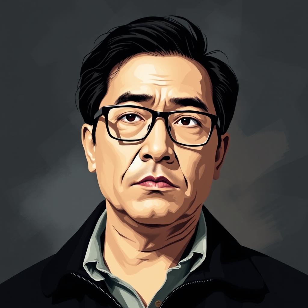 A stylized portrait of Abimael Guzmán, showcasing his intense expression and distinctive features