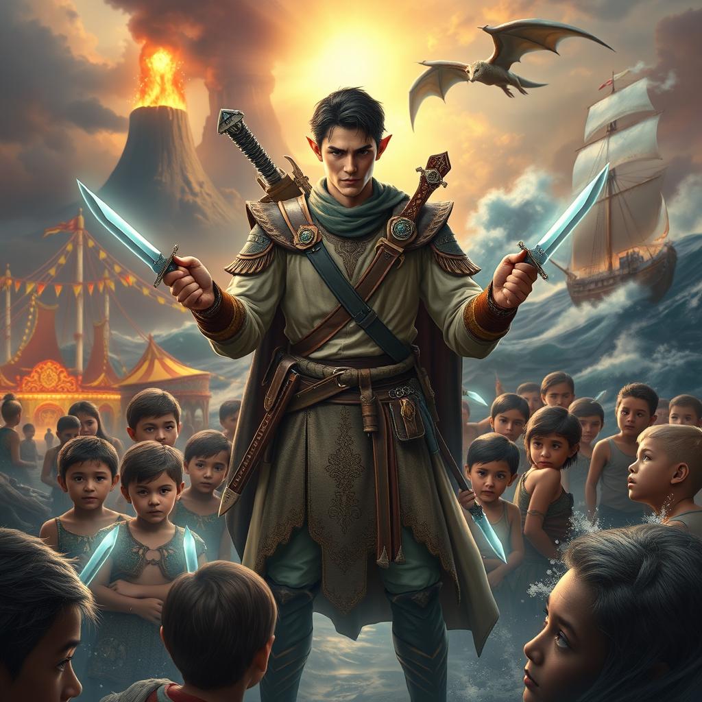 In a mesmerizing fantasy scene, a strikingly handsome half-elf, 25 years old with short black hair, stands heroically surrounded by a group of impoverished human children, all illuminated by a divine glow that enhances his valor