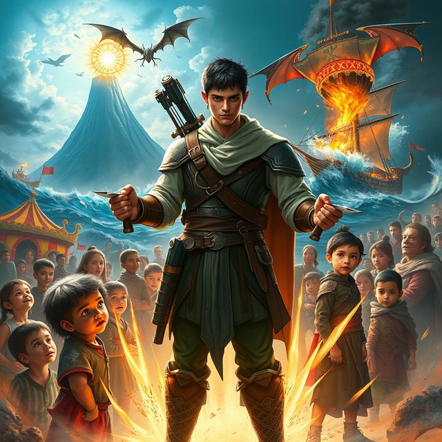 In a mesmerizing fantasy scene, a strikingly handsome half-elf, 25 years old with short black hair, stands heroically surrounded by a group of impoverished human children, all illuminated by a divine glow that enhances his valor